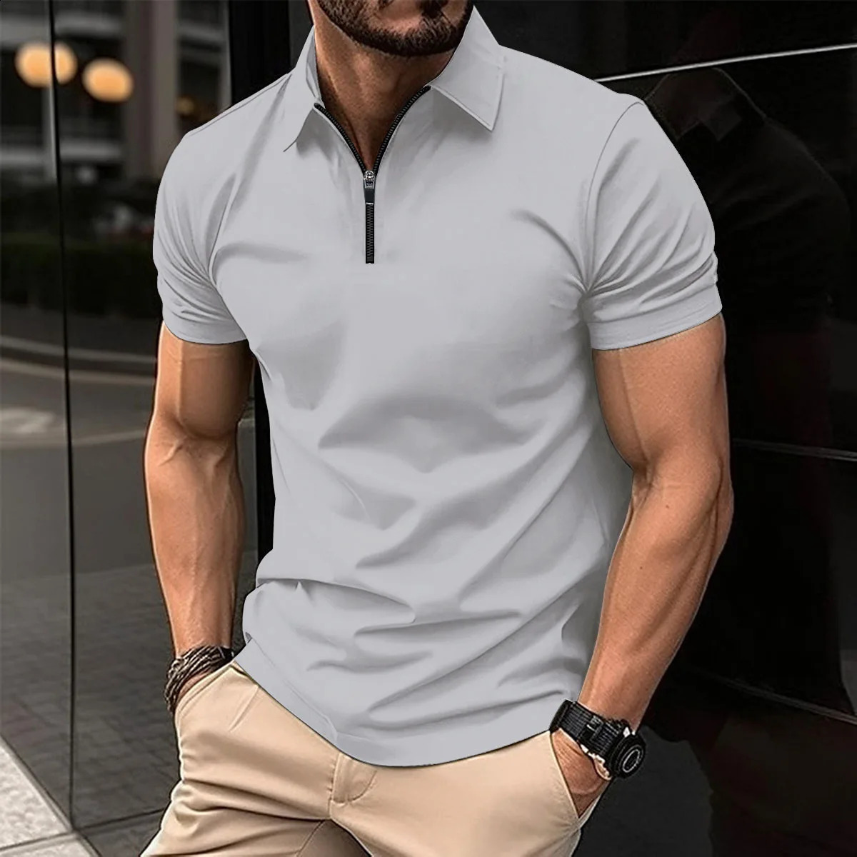 Mens summer short sleeved polo shirt mens half zipper solid color casual sports Tshirt loose fit 240828