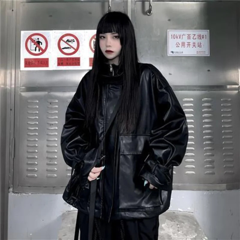 Deeptown Goth leather jacket womens Gothic oversized zipper Harajuku fashion streetwear jacket womens dark academic loose black 240827