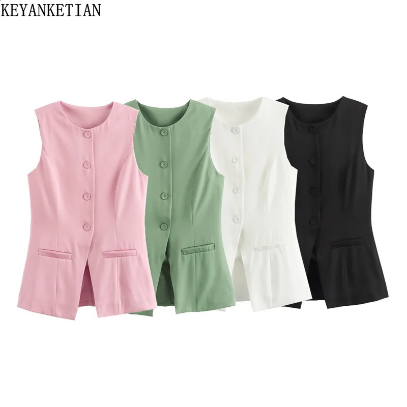 KEYANKETIAN Womens Solid Color Split Waist Tank Top Simple Office Womens Single Chest O-Neck Sleeveless Ultra Thin Tank Top 240828