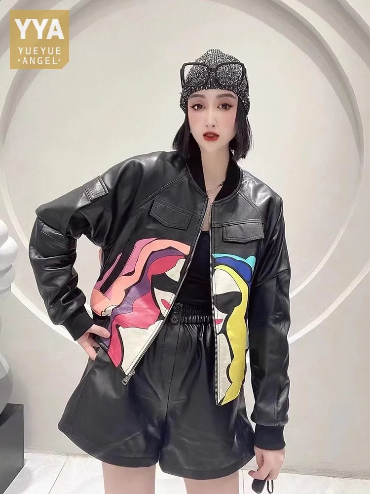 Fashion womens zipper holder collar color printed bomber jacket spring and autumn short style sheepskin leather jacket 240827
