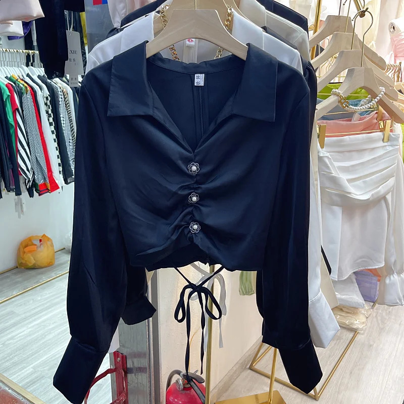 Neploe Small Fragrant Wind Tops Femme Y2K Spring French Retro Simple Solid V-neck Drawstring Casual Thin Long Sleeve Shirt 240827