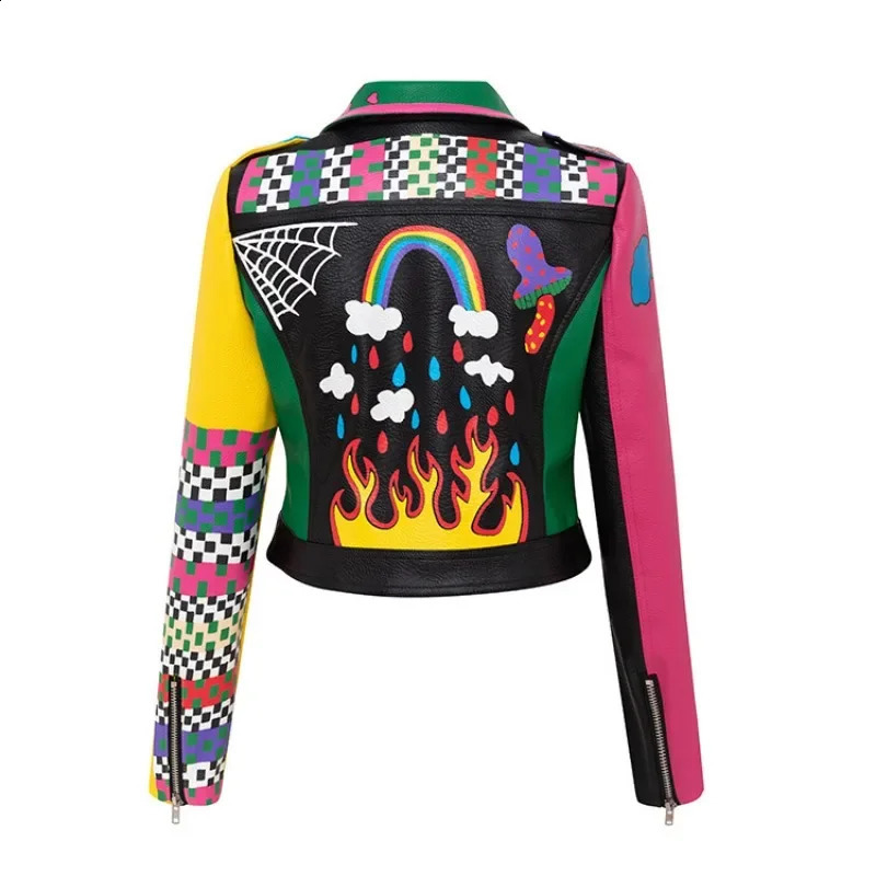Leather Womens Short Graffiti Printed Small Coat Pu Jacket Korean Motorcycle Set Collar Leather 240827