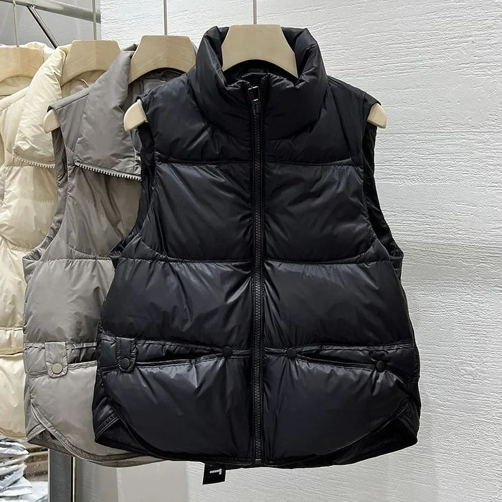 Autumn and winter womens vest jacket ultra light standing collar beige sleeves cotton coat Parka womens warm vest E3 240828