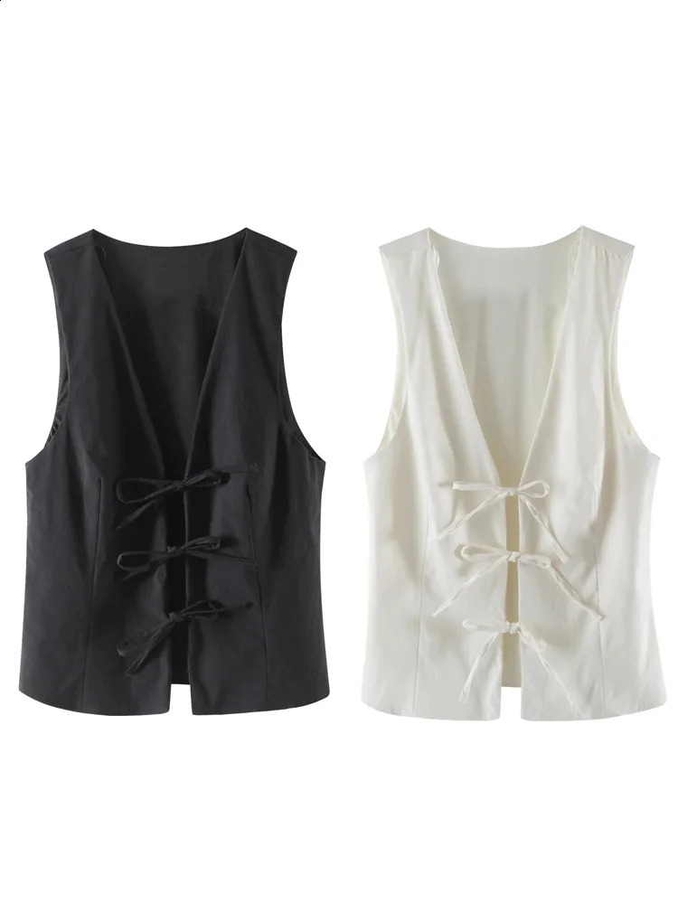 KAOPU ZA womens retro V-neck sleeveless jacket with tie chic top 240828