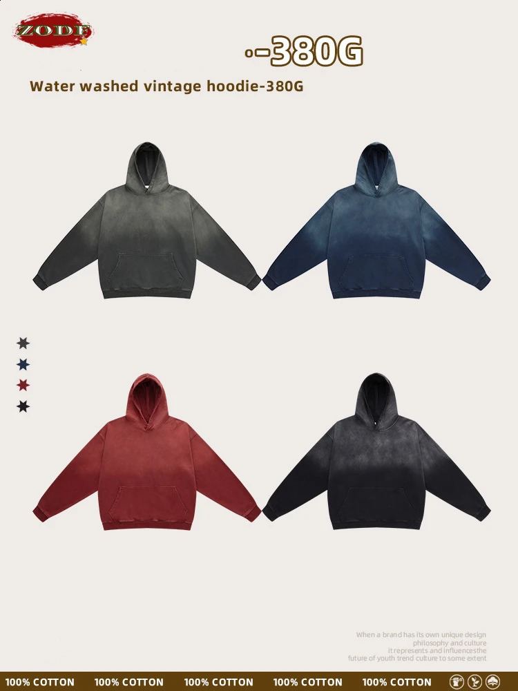 ZODF Spring Autumn Washing 380gsm Mens Hoodie Unisex Retro 100% Cotton Loose Pulling Flower Street Clothing HY0782 240827