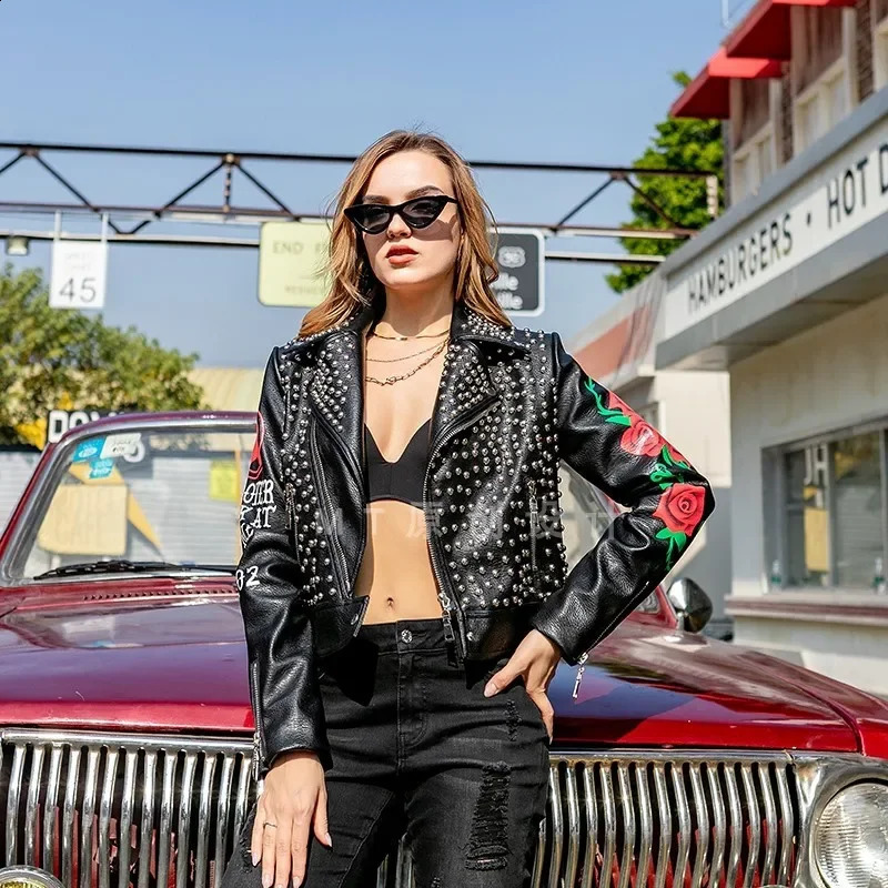 Punk Rivet Black Ultra Thin Motorcycle Leather Jacket for Women Street Clothing Comparison Printed Artificial Leather Cutting Jacket XXXL 240827