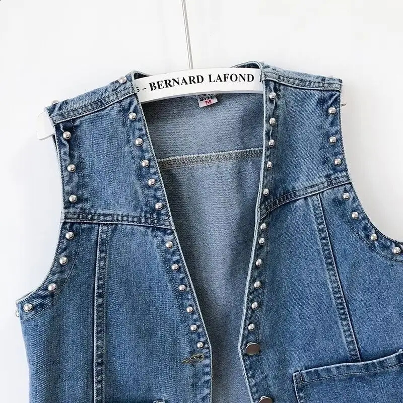 Womens casual rivet denim vest button outdoor pocket jacket 240828