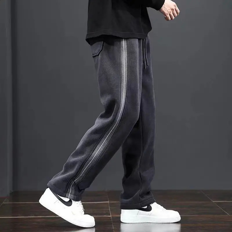 Spring/Summer Casual Pants Mens Solid Striped Elastic Waist Patch Work Drawstring Pocket Versatile Straight Trousers 240828