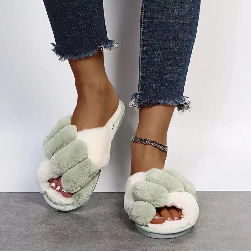 Womens winter home fur slider fluffy artificial fur home slider flat fashionable indoor floor shoes womens flip sofa 240827