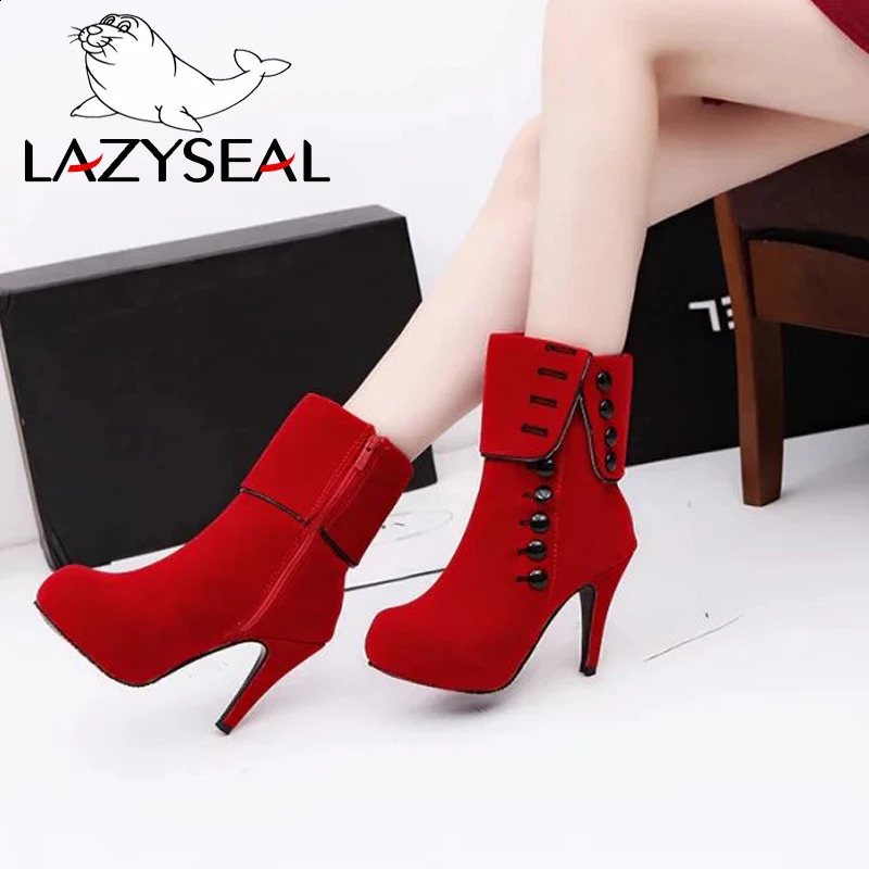 LazySeal platform womens boots high heels fashionable red shoes womens platform buckle winter boots womens shoes 240827