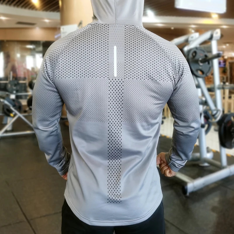Winter thick velvet running shirt mens long sleeved hooded gym Tshirt fitness training quick drying breathable exercise 240827