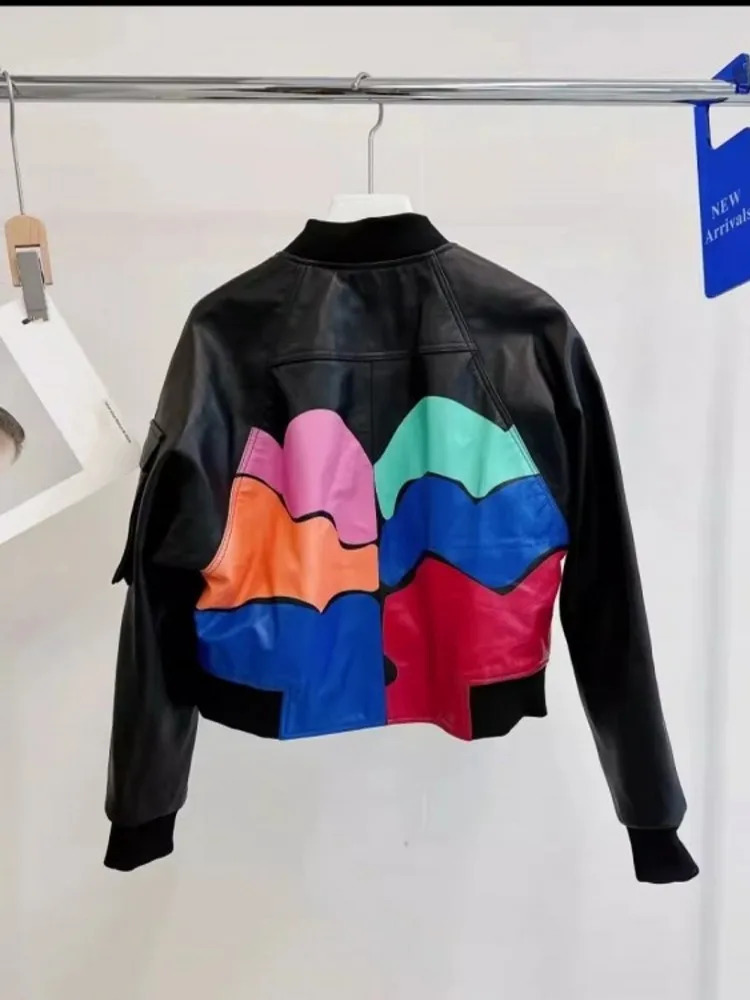 Fashion womens zipper holder collar color printed bomber jacket spring and autumn short style sheepskin leather jacket 240827
