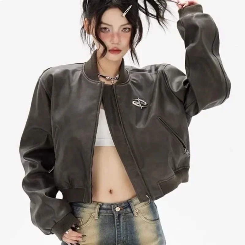 Vintage cut leather jacket for womens autumn and winter motorcycle zipper loose jacket Y2k fashionable streetwear casual jacket 240827