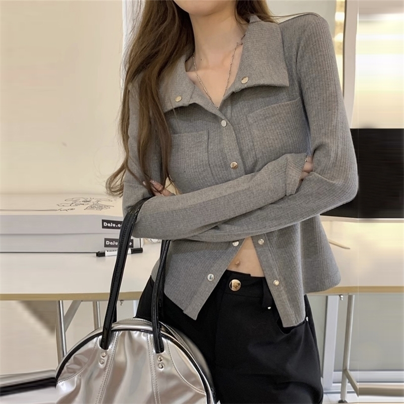 Womens clothing Spring and Autumn fashion polo neck sexy tight ribbed knitted T-shirt Korean solid long sleeved fashion Y2K short top 240827