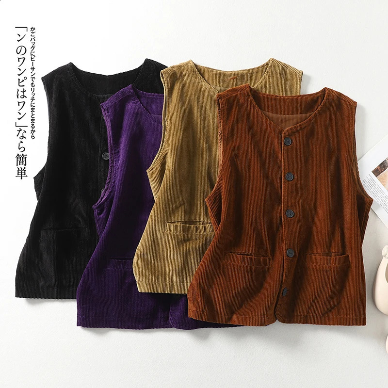 Cotton Corduroy sleeveless womens vest autumn retro literary striped velvet loose warm casual shoulder vest clip 240828