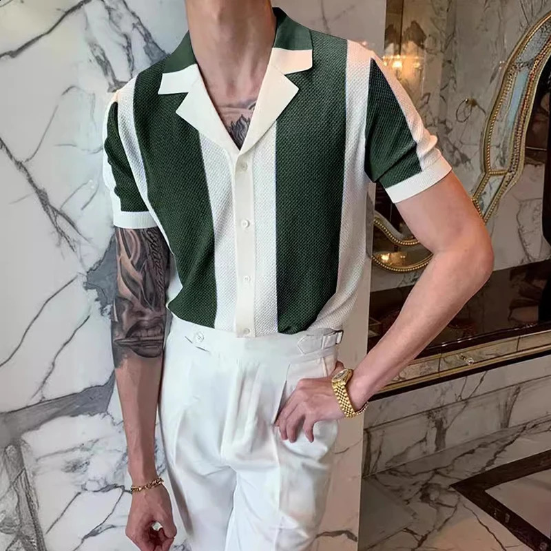 Mens Knit Shirt Striped Contrast Color Jacquard Knitted Tops Men Cardigans Summer Short Sleeve Buttoned Lapel Slim Shirts 240827