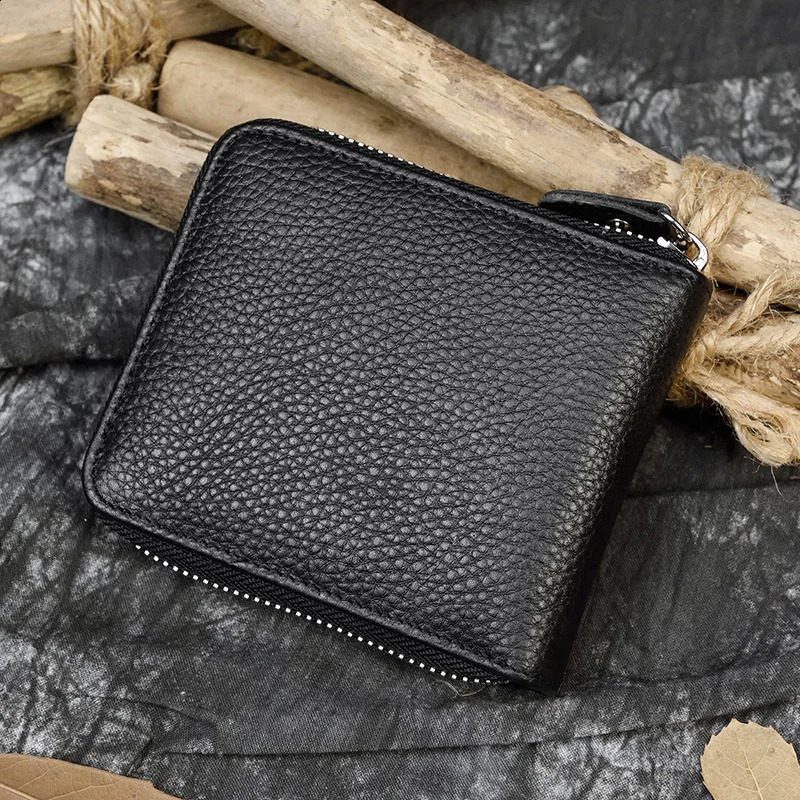 Unisex Genuine Leather Wallet Thrifold Zip Around Pocket Short Wallets Zipper Coin Case Snap man Real Leather Purse Black 240828