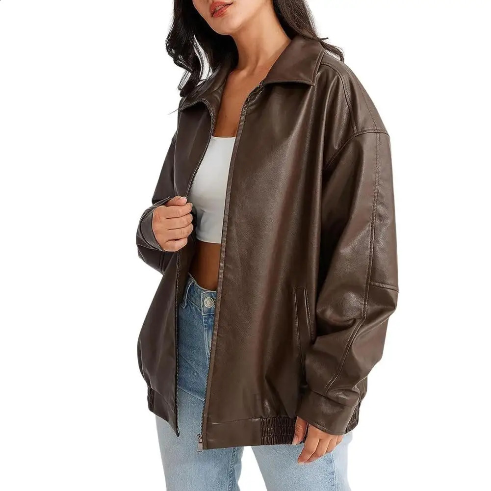 Womens artificial leather jacket casual zipper bomber motorcycle jacket outerwear fashionable autumn and winter clothing 240827