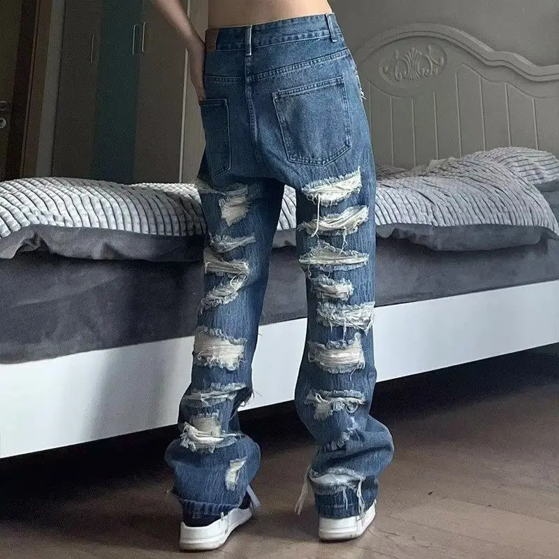 American style ripped old jeans loose 100 pants mens streetwear pocket Y2k torn 240827
