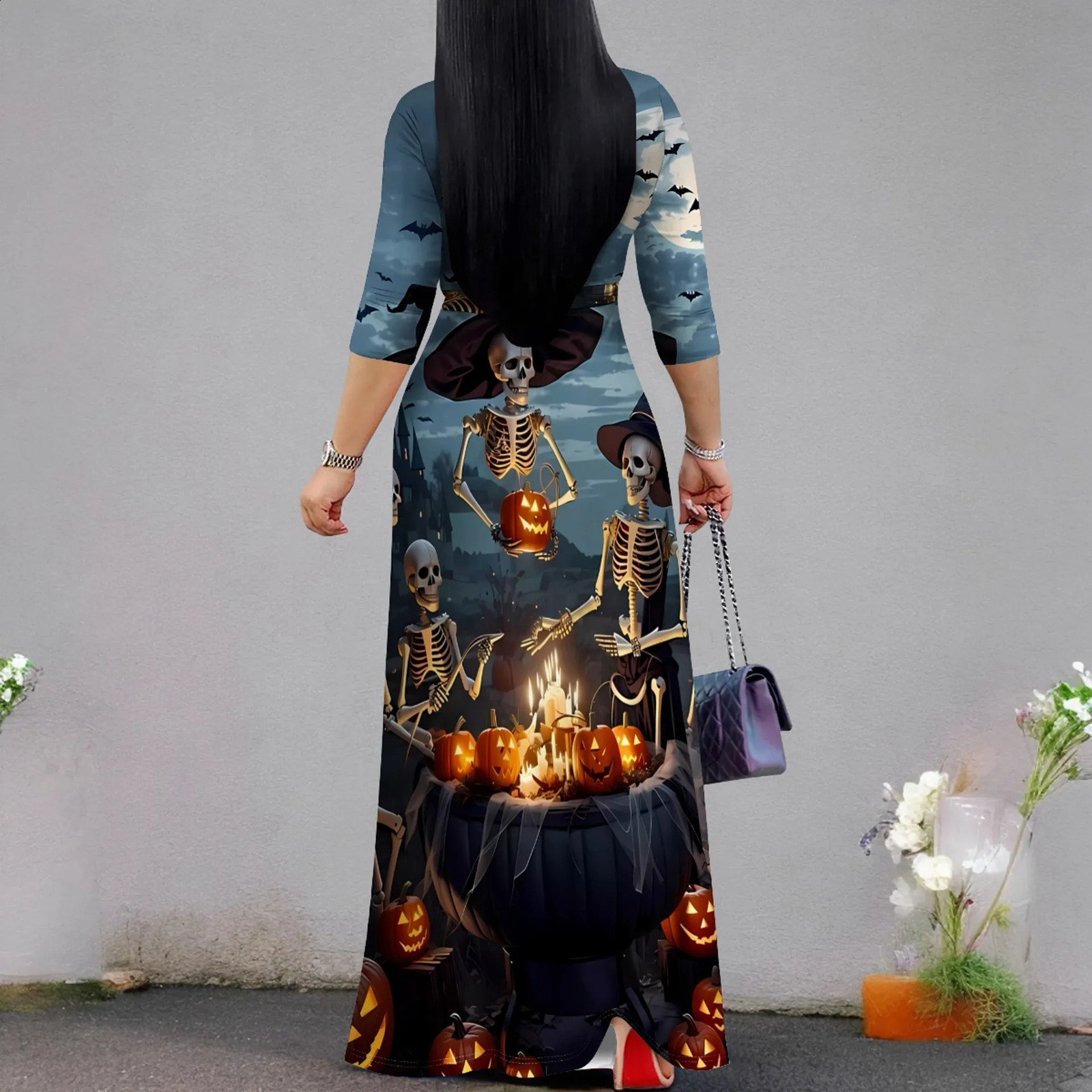 Ladies Halloween party elements printed long sleeved V-neck high waisted long skirt autumn city fashion stunning dress 240827
