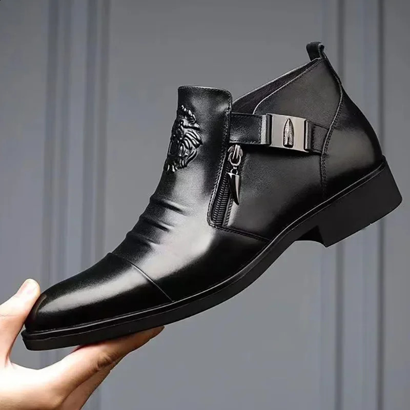 High Top Men Shoes Autumn Mens Casual Leather Shoes Double Sided Zippered Boots Man Ankle Boots Pointed Toe Low 1cm-3cm 240819