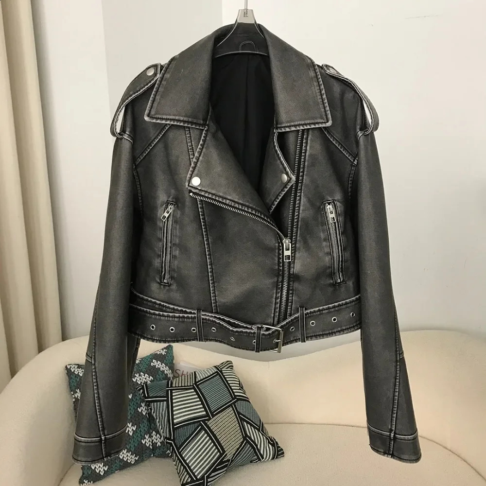 Pu artificial leather jacket womens fashion retro American Spring Street dress short lapel zipper with bicycle jacket fashion street clothing 240827