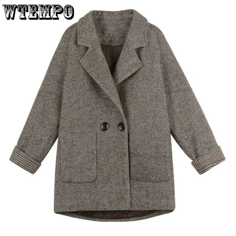 WTEMPO Womens Wool Jacket British Style Loose Notched Collar Coat Autumn Casual Double Button Coarse Floral Navy Blue Top 240828