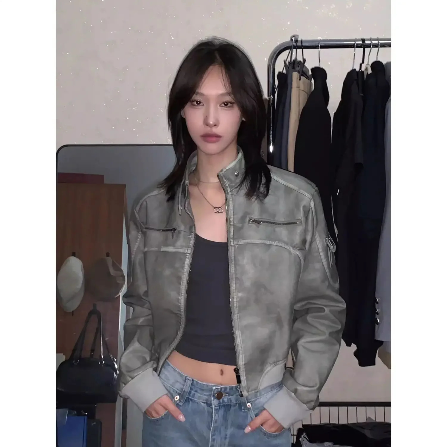 Retro Short Leather Jacket Autumn n Vertical Collar Zipper Gothic Vertical Collar Bomber Jacket 240827
