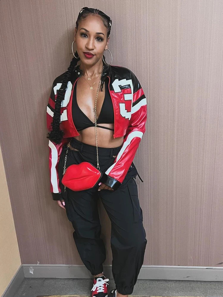 Fashion letter zipper Pu leather bomber jacket womens casual long sleeved cut jacket autumn womens motorcycle Y2k jacket 240827