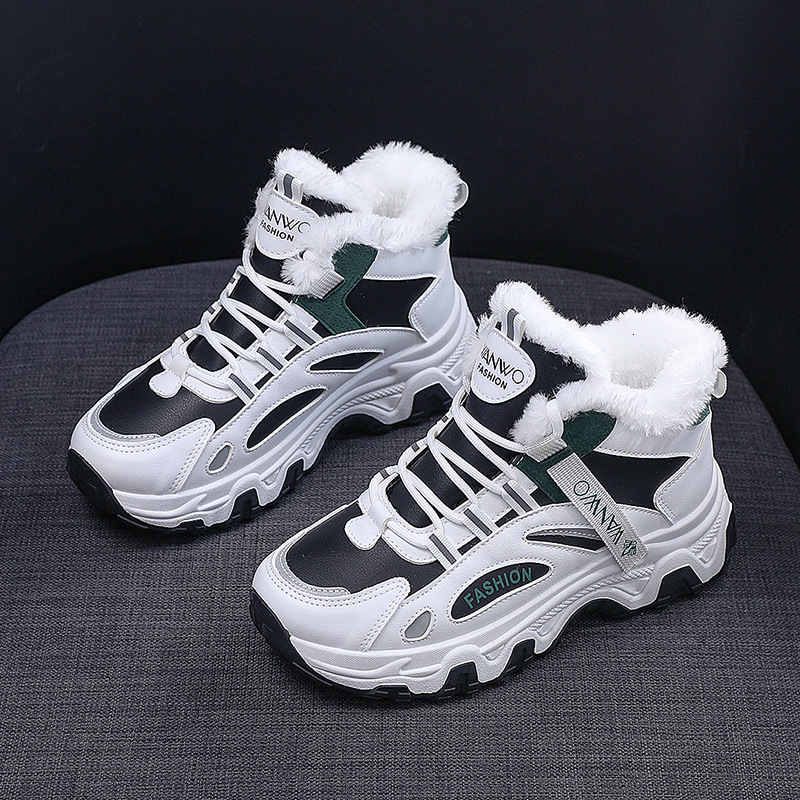 Ddmysports Little White Women S New Black Versatile Leather Panel Autumn And Winter Velvet Flat Igh Top Sports Shoes OUTDOOR