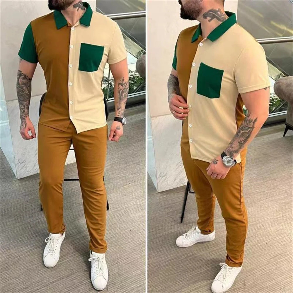 Spring and summer color mens shirt short sleeved shirt long pants fashionable casual sports suit 240827