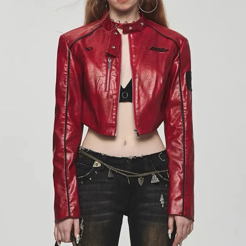 American retro cool letter patch motorcycle short PU leather jacket with small stand collar ultra-thin autumn top for women 240827