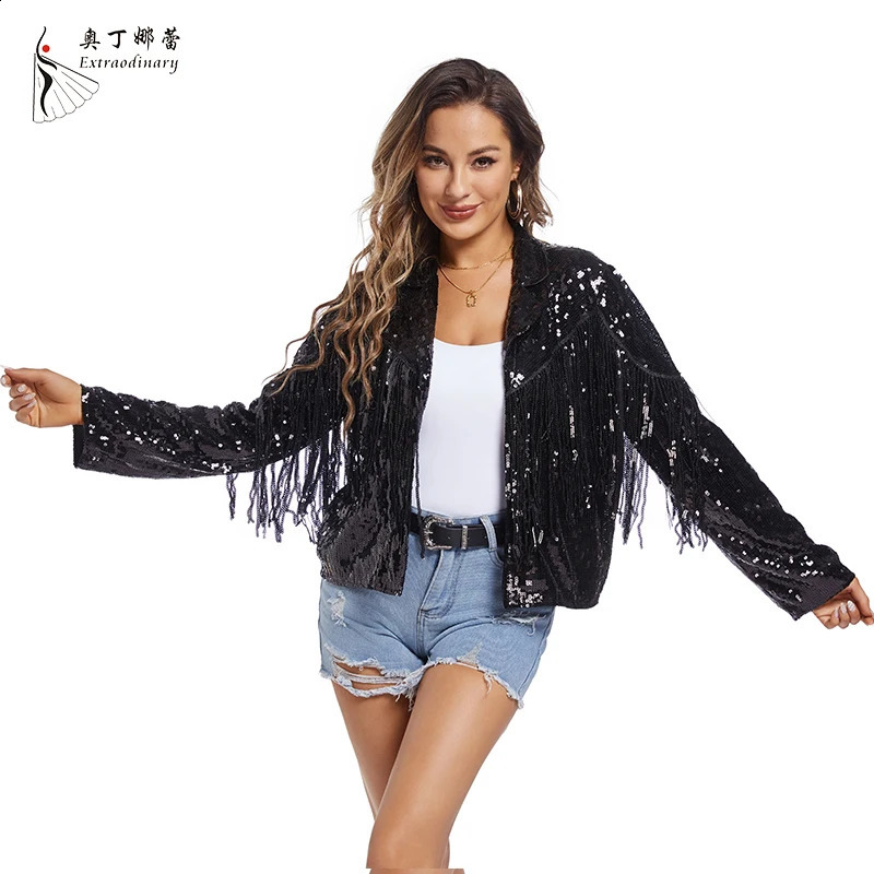 Womens sequined edge jacket long sleeved tassel sparkling party disco suit retro jacket 240827
