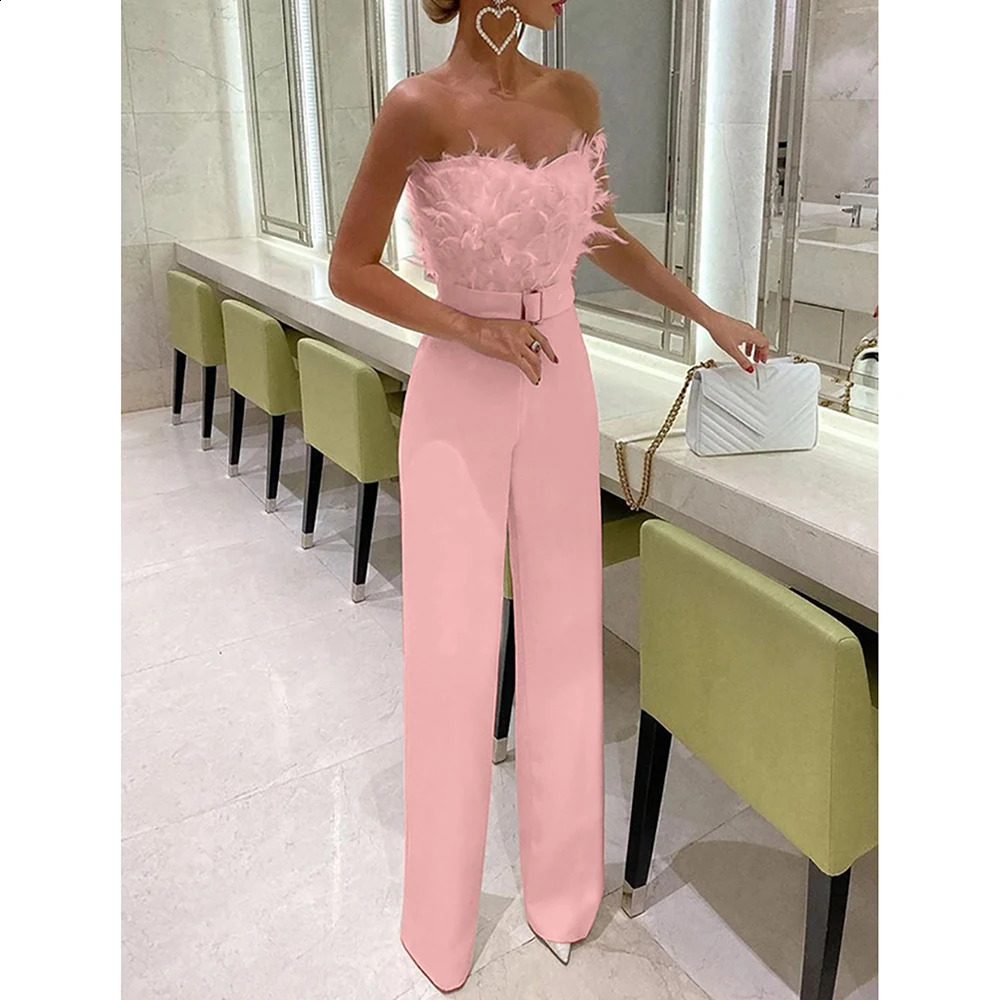 Womens jumpsuit fashionable solid long jumpsuit sexy feather strapless sloping neck evening party jumpsuit elegant womens jumpsuit