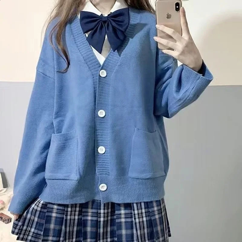 Japanese School Basic Sweater Autumn Kawaii Solid Vneck Loose Knitted Cardigan Preppy Style Uniform Cosplay 240819
