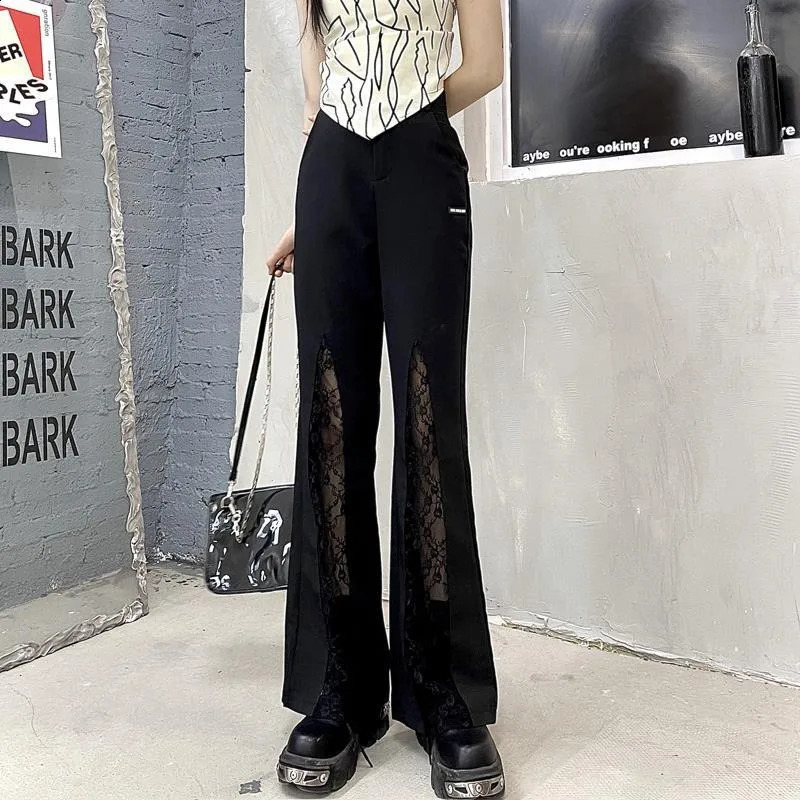 Deeptown Y2k Coquette Lace Flare Pants Woman Gothic Patchwork Baggy Vintage Black Trousers Korean Fashion Straight Streetwear
