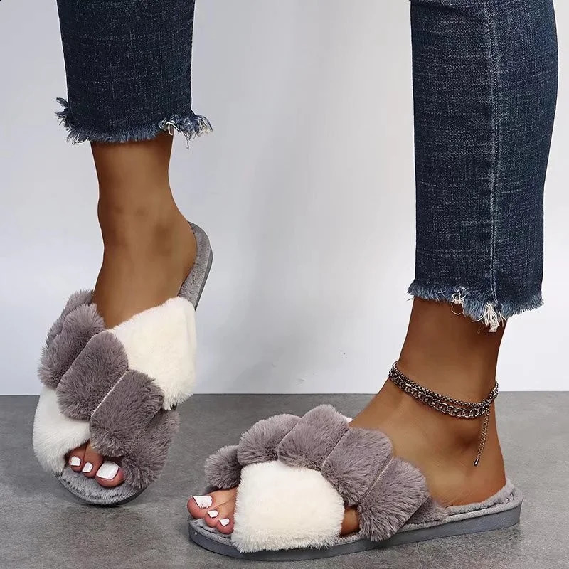 Womens winter home fur slider fluffy artificial fur home slider flat fashionable indoor floor shoes womens flip sofa 240827