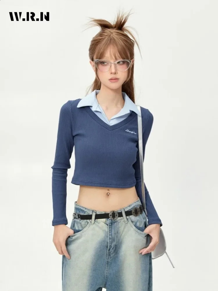 Summer Y2K Coquette Fake Two Piece Set Long Sleeve Polo T-shirt Womens Sexy Casual Sweetheart Slimming Patch Work T-shirt 240827