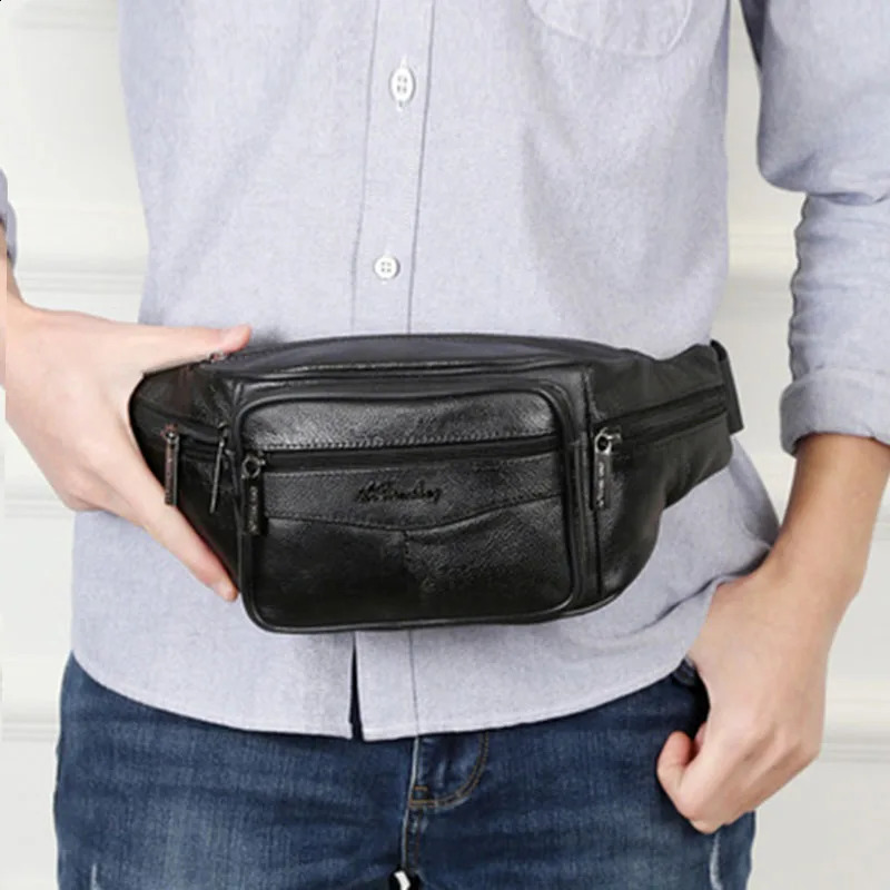 Leather Waist Bag Men Fanny Pack Men Leather Pouch Men High Capacity Waterproof Hip Bag Black Belt Bag Big ney Bags 240828