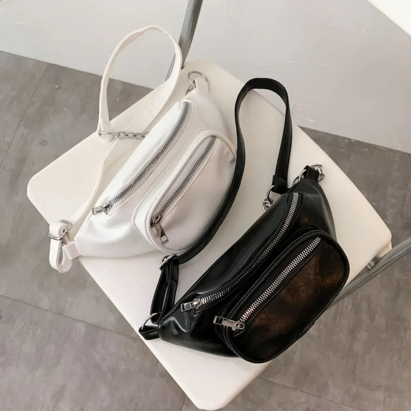 Crossten Waist Bag Fashion Leather Belt Chest Bag Chain Fanny Packs Women Black Solid Double Zipper Banana BumBag Phone Pouch 240828