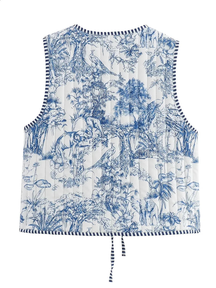 KAOPU ZA Womens Ribbon Printed Padded Cotton Open Tank Top Retro V-neck Sleeveless Womens Coat Fashion Tank Top 240828