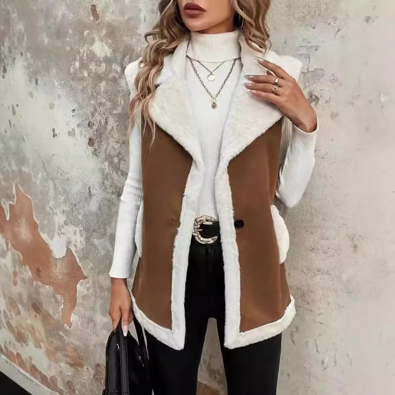 Fashionable womens casual wool spliced vest fashionable style loose neckline medium length vest sleeveless jacket 240828