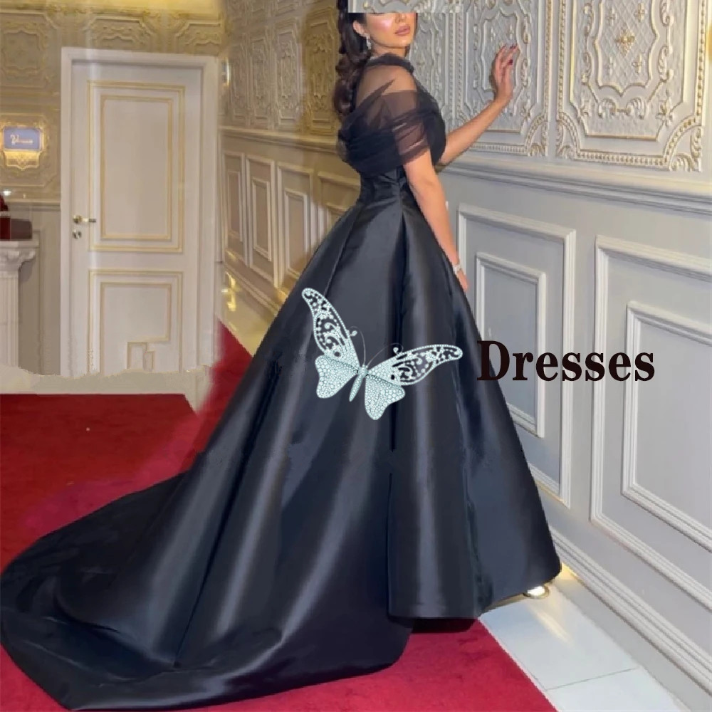 Modern Black Long Dubai Evening Dresses High Neck A Line Satin Tulle Night Prom Party Dress Ball Gowns Vestidos de festa