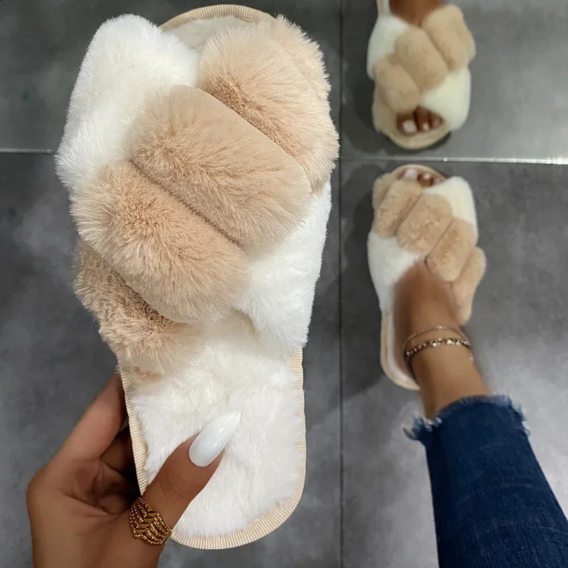 Womens Slippers Winter Home Fur Slippers Fluffy Artificial Fur Indoor Cotton Slippers Floor Womens Slippers 240827