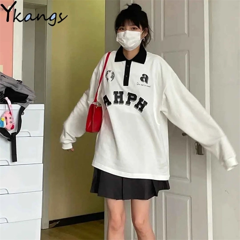 Harajuku style letter printed womens zipper Y2k white fully matched womens polo shirt campus style fashionable long sleeved sports top 240827
