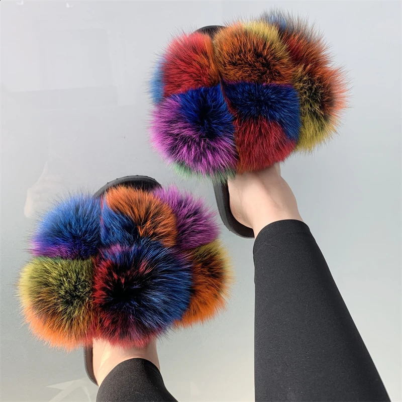 Fur slider factory supplies mixed color Pom six ball fox fur multi-color fluffy fur slider 240827