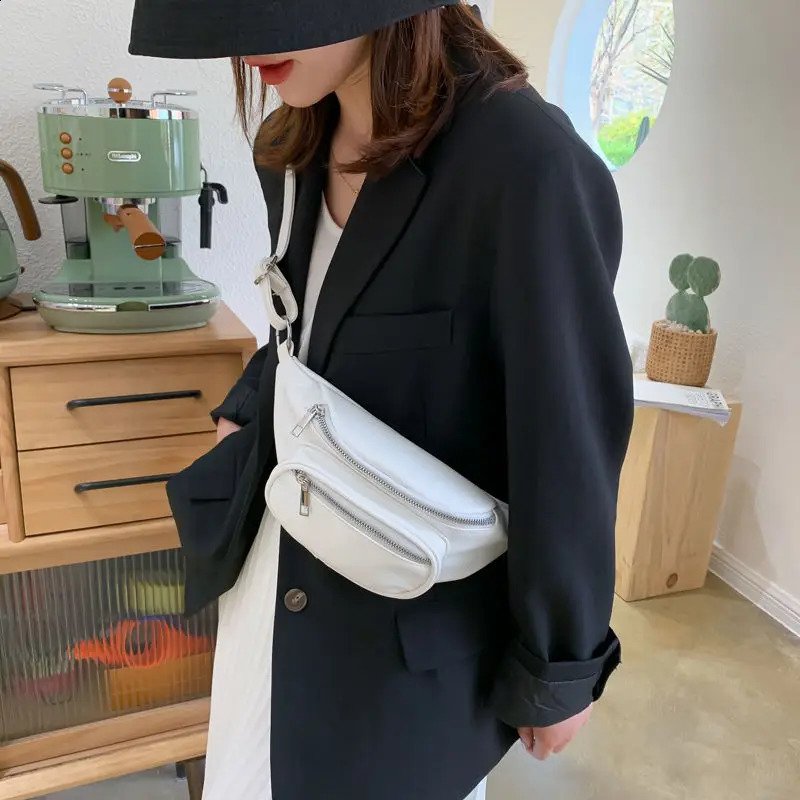 Crossten Waist Bag Fashion Leather Belt Chest Bag Chain Fanny Packs Women Black Solid Double Zipper Banana BumBag Phone Pouch 240828
