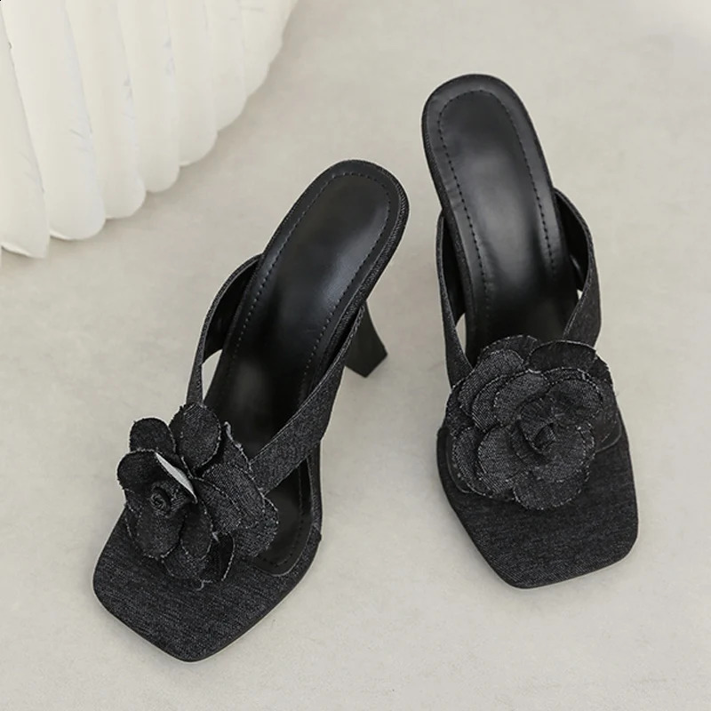 Liyke Outdoor Street Womens Sexy Square Toe 10.5CM Thin High Heels Modern Slippers Blue Denim Flower Summer Sandals 240827