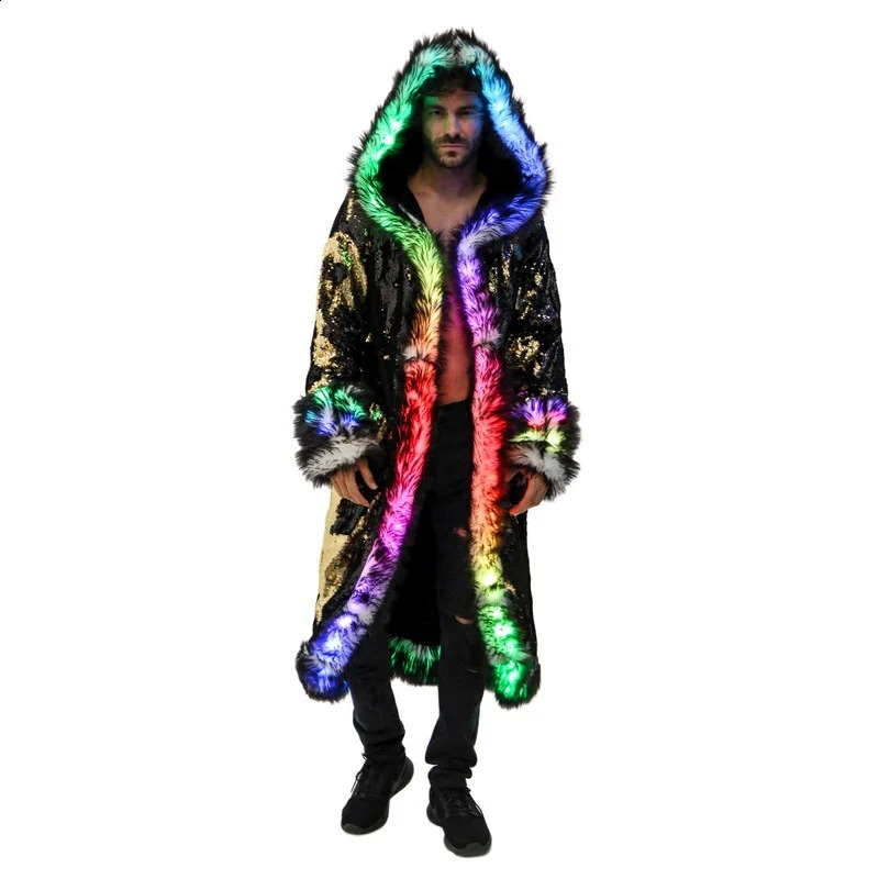 LED Costume Faux Fur Coat Long Hooded Flash Clothes Burning Man Clothing Mens 240828