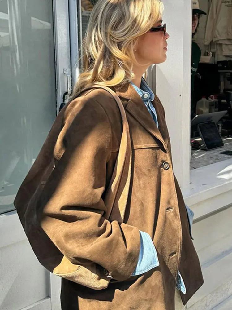Retro suede bomber jacket for women loose collared long sleeved single corset autumn womens solid street coat 240827